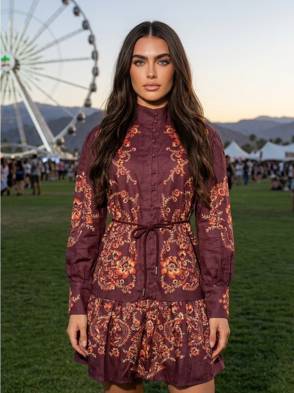 Boho Floral Burgundy Button-Up Mini Dress